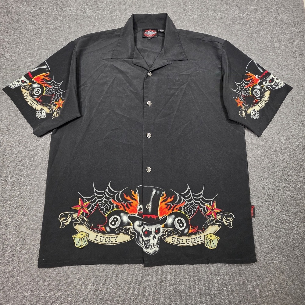 VTG Y2K Mens Sz XL Skull Dice Hat 8 Ball Short Sleeve Biker Shirt Lucky/Unlucky.